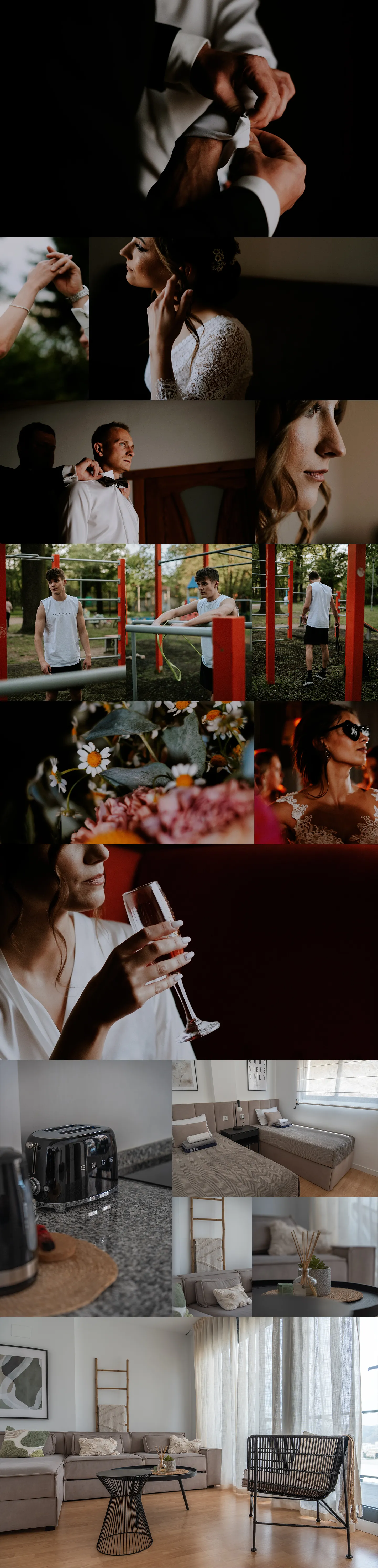 Kolaż profesjonalnych zdjęć, w tym zdjęcia ze ślubów, z projektu siłowni oraz nowoczesnych wnętrz